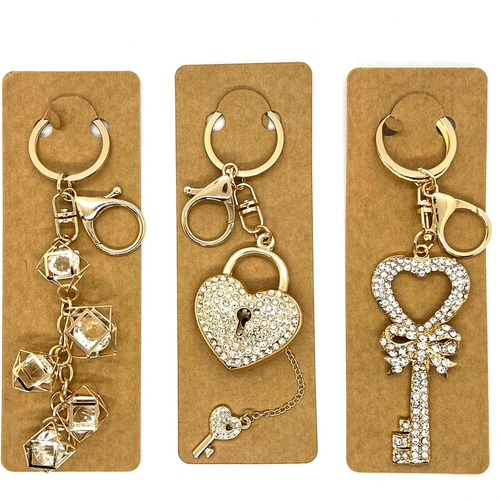 Gold Rhinestone Keychains Set: Heart Lock, Bow Key & Crystal Cube Bag Charms NEW